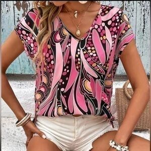 All Over Print V Neck Blouse, Size Small.